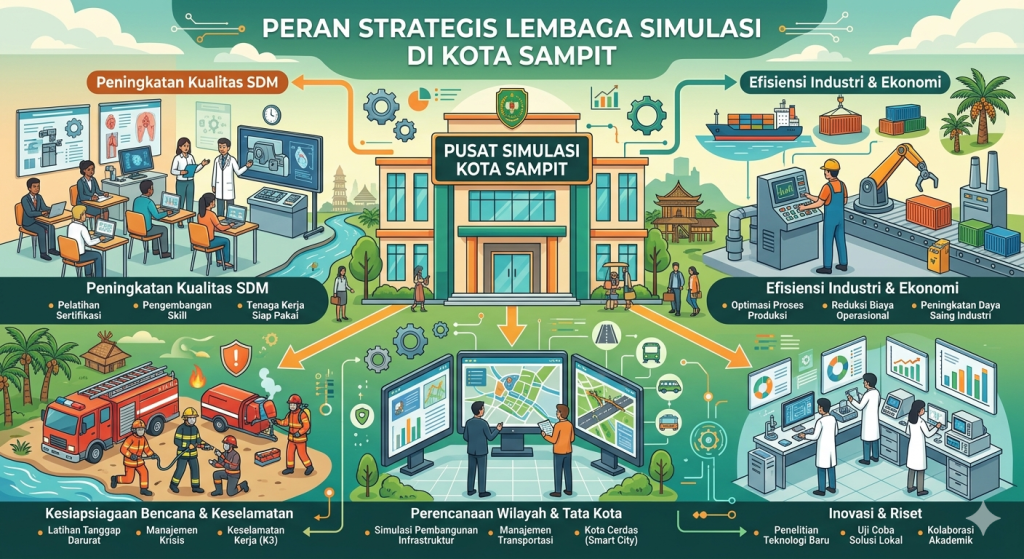 Sebuah infografis berjudul "Peran Strategis Lembaga Simulasi di Kota Sampit" yang menampilkan gedung pusat simulasi sebagai motor penggerak lima sektor utama. Visualnya menggabungkan elemen teknologi modern dengan latar belakang khas Kota Sampit seperti pelabuhan sungai